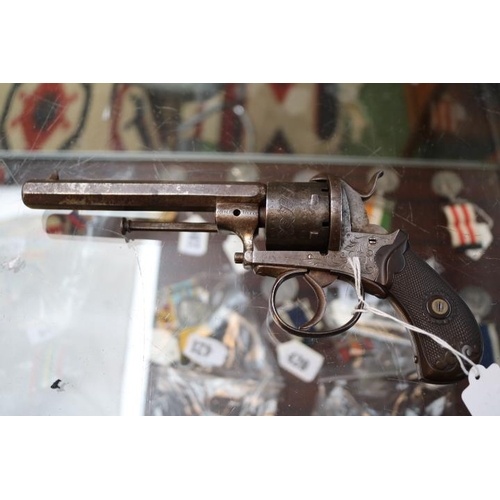 438 - Mid 19thC Belgian Pinfire Six Shot Revolver with foliate decorated barrel and frame with chequered g... 