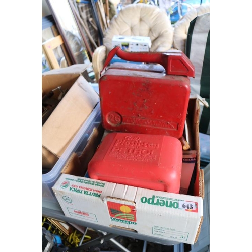 643 - Box of assorted Tools and Petrol Cans