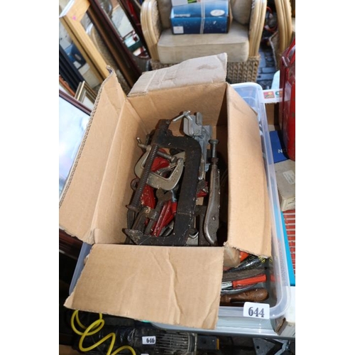 644 - 2 Boxes of assorted Clamps and Hand Tools