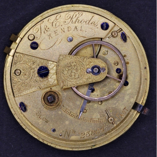 519f - Fine Quality Lever Fusee Pocket Watch Movement NO 23864 by T & E Rhodes of Kendal, Cumbria, England ... 