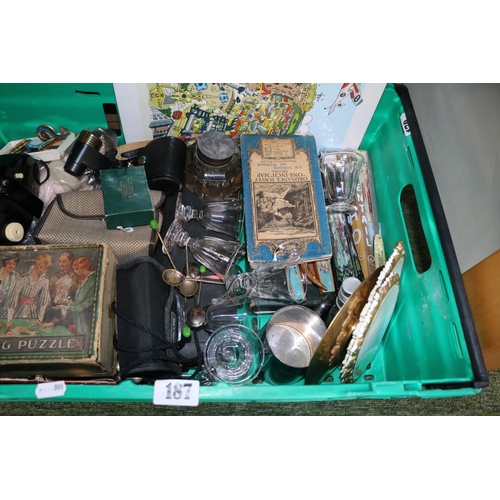 187 - Box of Bygones to include Kodak Camera, Fans, Victorian Inkwell etc.