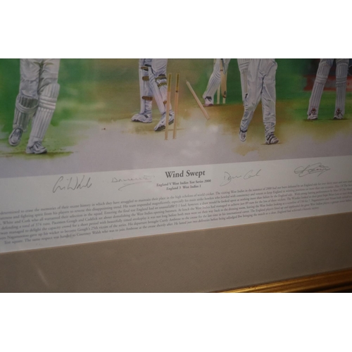 371 - Framed Cricket Print 'Windswept' England V West Indies Test series 2000 signed in Pencil