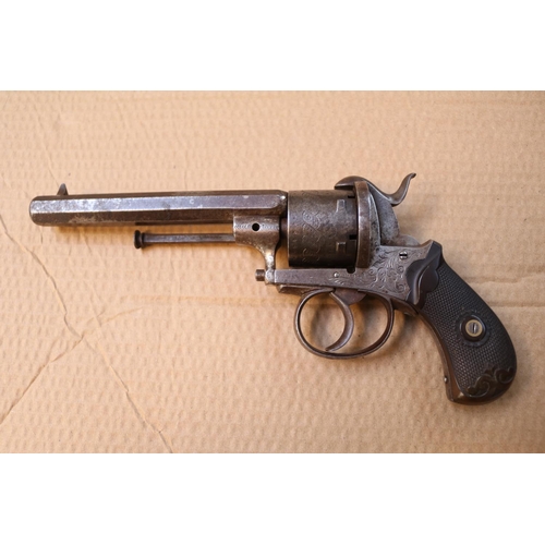 401 - Mid 19thC Belgian Pinfire Six Shot Revolver with foliate decorated barrel and frame with chequered g... 