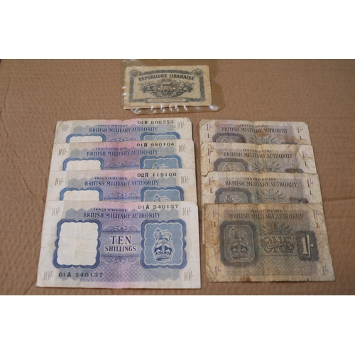 415 - Collection of Paper Notes top include British Military Authority One Shilling and Ten Shilling Notes