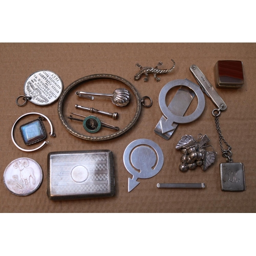 421 - Collection of assorted Small Silver Bygones to include Match Case, Stamp Case, Agate Box, Tiffany & ... 