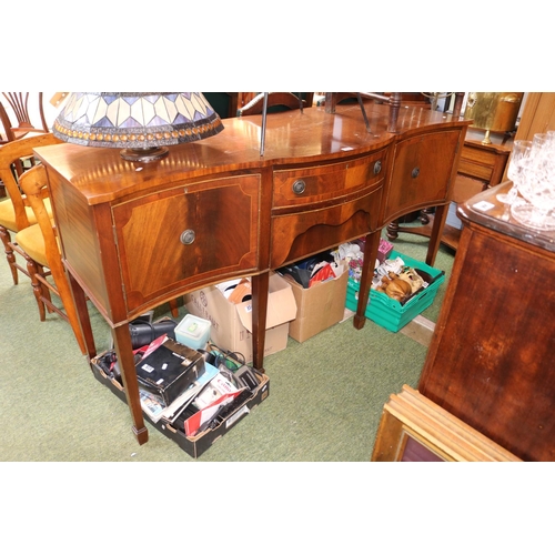 572 - Reproduction Serpentine fronted sideboard of 2 drawers flanked by Inlaid cupboards over tapering leg... 