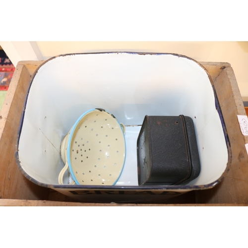 99a - WW2 gas mask tin, NAAFI wooden crate, enamel bread bin and a Colander