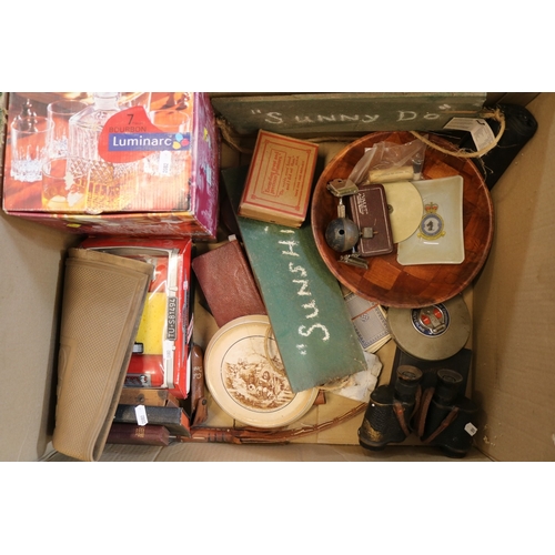 99m - Whisky decanter and glasses, military belt, Binoculars and other sundry items (2 boxes)