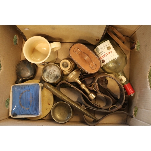 99m - Whisky decanter and glasses, military belt, Binoculars and other sundry items (2 boxes)