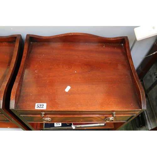 522 - Pair of Reproduction Bedside tables with brushing slides over single drawer and adjustable shelf.