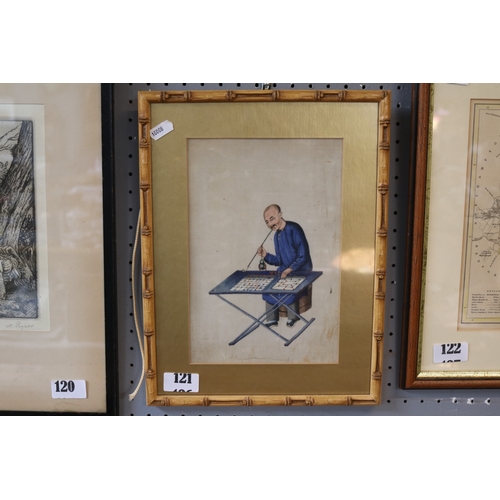 121 - Faux Bamboo framed Chinese silk of a Chinese man playing Strategic Checkers and smoking opium
