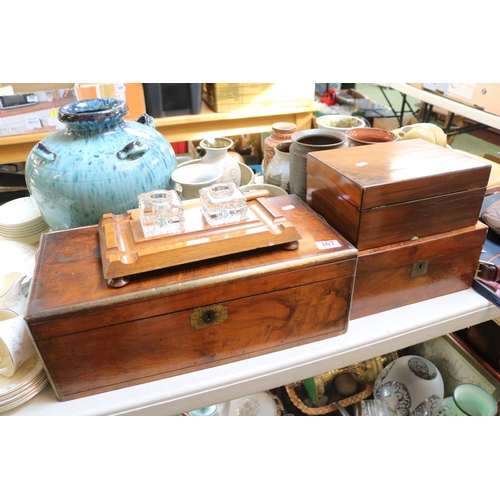 167 - Large 19thC Walnut Brass bound writing slope, Walnut Writing slope, Sewing box and a Oak Inkstand