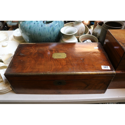 167 - Large 19thC Walnut Brass bound writing slope, Walnut Writing slope, Sewing box and a Oak Inkstand