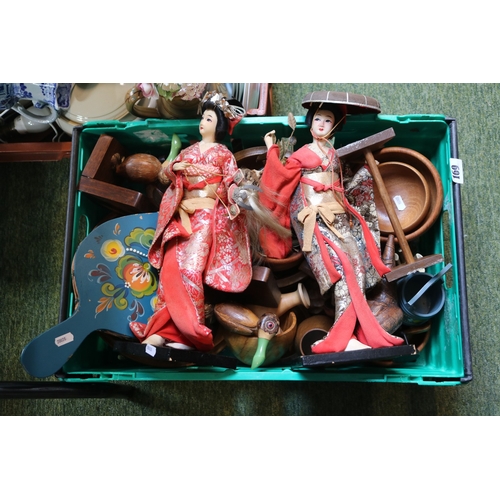 169 - Box of assorted Bygones to include 2 Geisha doll models, Wooden ware bowls etc.