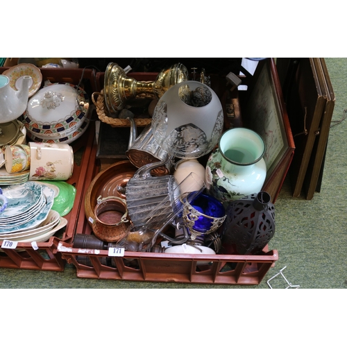 171 - Collection of bygones to include Silver plated wares Brass Oil Lamp, Copperware etc.