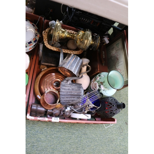 171 - Collection of bygones to include Silver plated wares Brass Oil Lamp, Copperware etc.