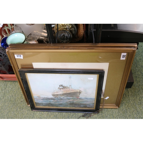172 - Framed Watercolour depicting a Steamship indistinctly signed and a 2 Late 19thC Framed watercolours