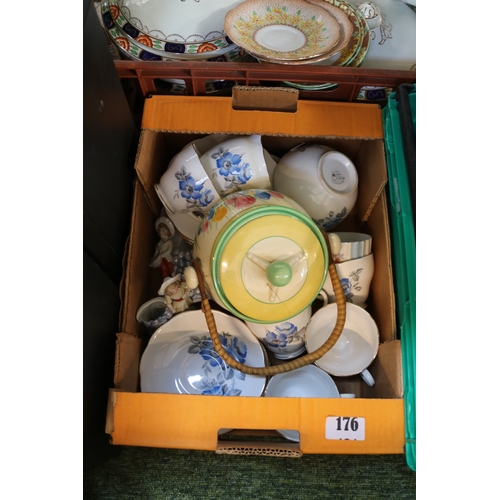 176 - Roslyn Fine Bine China Tea service, Clarice Cliff Crocus pattern biscuit Barrel A/F
