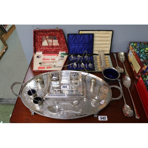 114 - Collection of Silver plated tableware to include twin handled tray, Inkstand and assorted Flatware