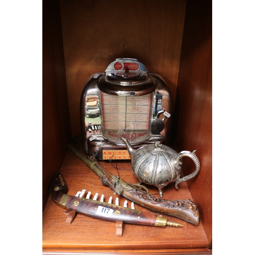 117 - Select 100 Matic, Silver plated fluted teapot, Faux Flintlock and a decorative Asian Model