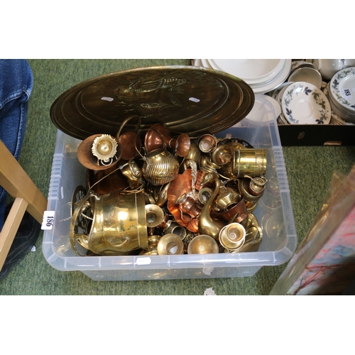186 - Large collection of assorted Brass and Copper tableware to include Candlesticks, Charger etc.