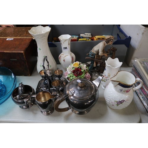191 - Collection of assorted Ceramics to include Coalport Jug, Beleek, Silver plated tableware etc.
