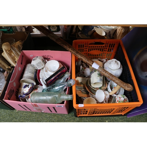 219 - 2 Boxes of assorted Ceramics and bygones to include Royal Doulton, Teapot Matsumai Teapot etc.