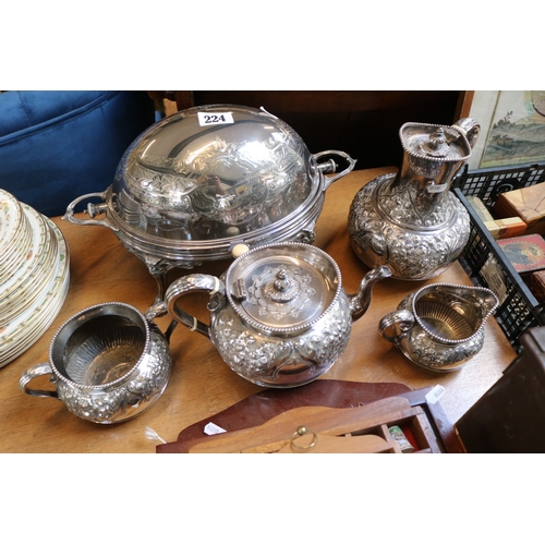224 - Victorian Silver Plated Oval table centrepiece and a Silver Plated embossed 4 Piece Tea set