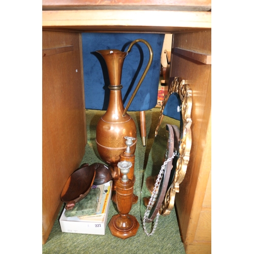 227 - Gilt Framed Ornate Wall mirror and a collection of assorted bygones to include Oak Candlesticks, Lar... 