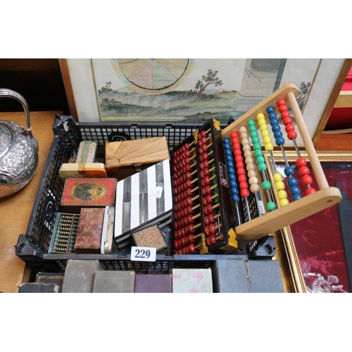 229 - Tray of collectable boxes and 3 table top abacuses