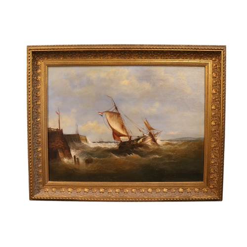 Attributed to Edwin Hayes, RI (Irish, 1819-1904).
East Anglian School Oil on Canvas of a Wherry outside Yarmouth Harbour. 61.5  x 46.5cm