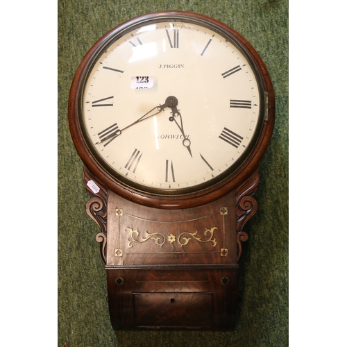 123 - J Piggin of Norwich Brass inlaid Mahogany cased wall clock with roman numeral dial