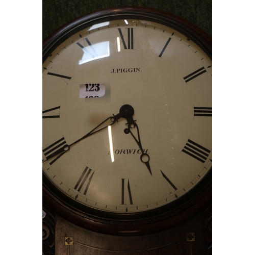 123 - J Piggin of Norwich Brass inlaid Mahogany cased wall clock with roman numeral dial