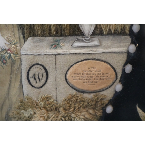 126 - Georgian Silk of Shield form depicting a woman at memorial within floral garnitures. 46cm in Height