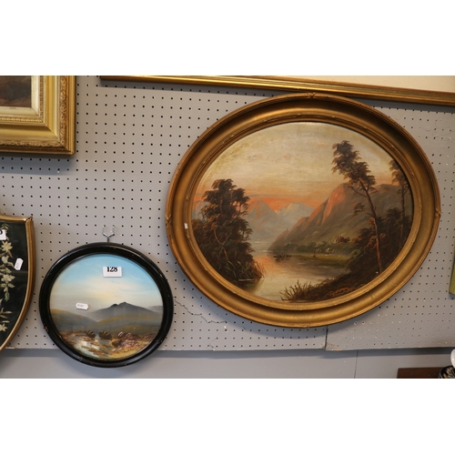 128 - Victorian Oval Gilt Gesso Framed Oil on board of a Lake view and a Circular Oil of a Highland view b... 