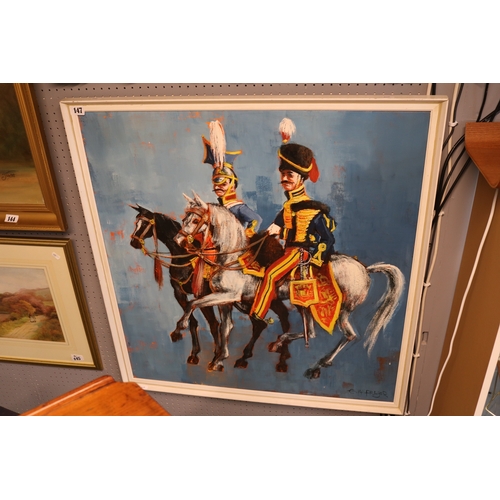 147 - Large Oil on canvas of Two Hussars on horseback signed Fraser to bottom right 80 x 85cm