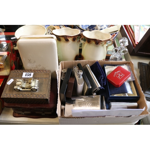 158 - Collection of assorted Hip Flasks, Coins and Jewellery boxes