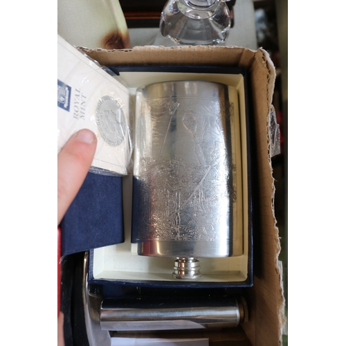 158 - Collection of assorted Hip Flasks, Coins and Jewellery boxes