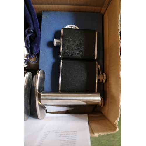 158 - Collection of assorted Hip Flasks, Coins and Jewellery boxes