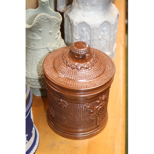 235 - Doulton Stoneware embossed Jug, Wedgwood tobacco jar and assorted 19thC Pottery