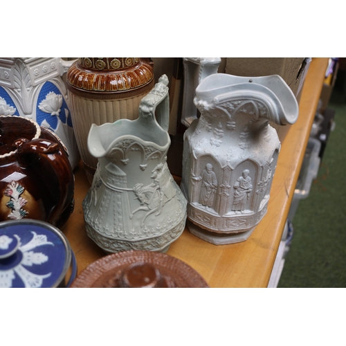 235 - Doulton Stoneware embossed Jug, Wedgwood tobacco jar and assorted 19thC Pottery