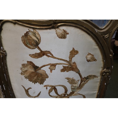 228 - 3 Fold Late 19thC Gilt Gesso screen with glazed top over embroidered base