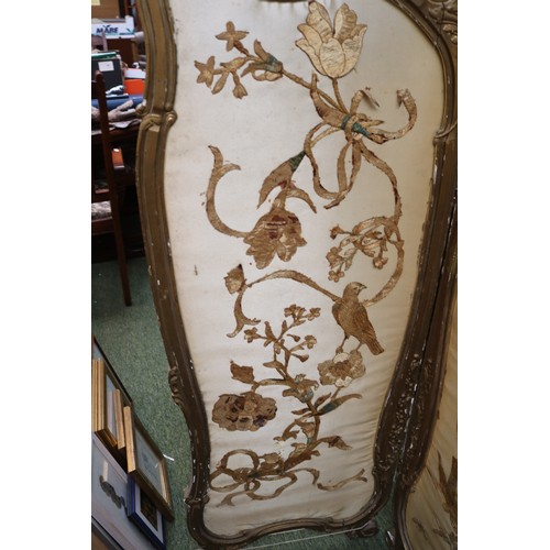 228 - 3 Fold Late 19thC Gilt Gesso screen with glazed top over embroidered base