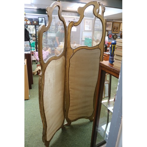 228 - 3 Fold Late 19thC Gilt Gesso screen with glazed top over embroidered base