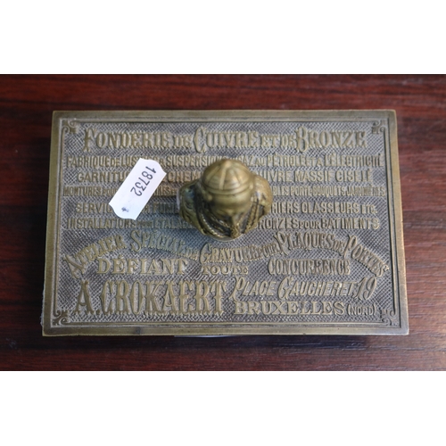 22 - Vintage Belgian Brass Desk blotter with figural handle 'Fonderie De Cuivre et De Bronze'