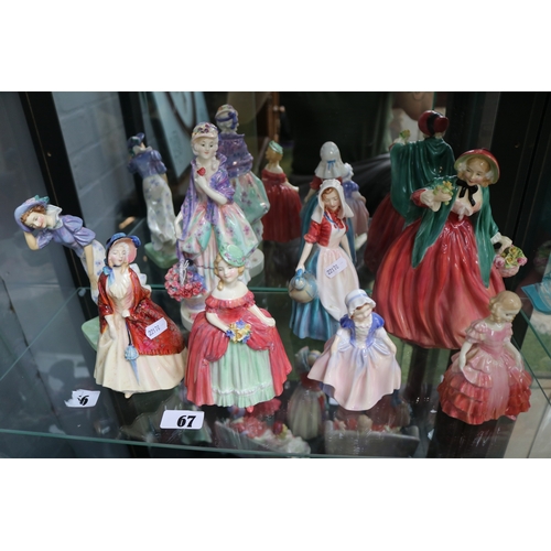 Good collection of Royal Doulton figurines to include Paisley Shawl HN1988, Phyllis HN1420, Dainty May HN1639, Windflower HN 1764, Jersey Milkmaid HN2057, Lady Charmain HN1949, Rose HN 1368 & Dinky Do HN1678