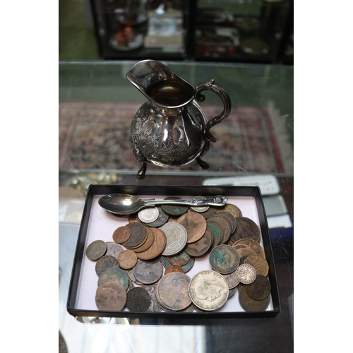 473 - Silver plated Cream Jug and a collection of assorted Coins