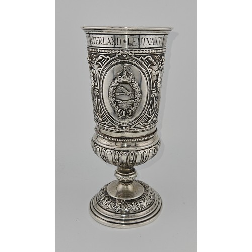 Rare WW1 Imperial German Pilots Honour Goblet; Presented to Lieutenant Julius Buckler of Jasta 17 on him being awarded the Pour le Mérite 12th November 1917. Imperial Silver hallmarked. With Prussian Pilots badge applied to the front. 19cm in Height. 280g
Julius Buckler (1894–1960)
A highly decorated German First World War fighter ace, Julius Buckler was officially credited with 36 aerial victories—29 enemy aircraft and seven observation balloons—along with two additional unconfirmed kills. Distinguished for his exceptional bravery and skill, Buckler was one of only four German aces to receive the nation’s highest awards for valour in both enlisted and officer ranks.