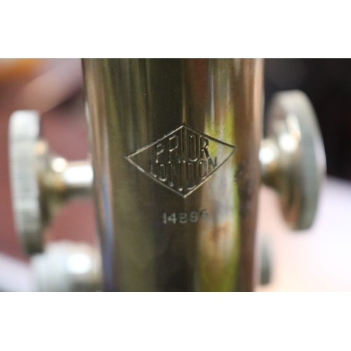 53 - Prior of London Brass Microscope in wooden fitted case