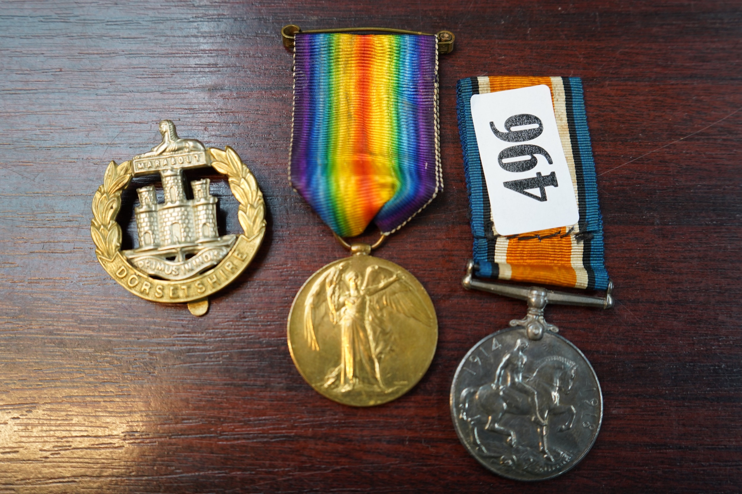 WW1 Medal group 149006 DVR W H RIGGS RE and a Dorsetshire Cap Badge
